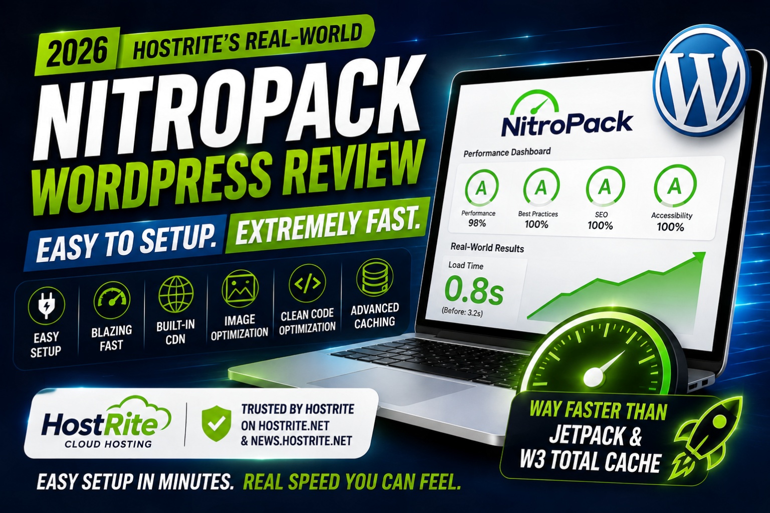 Nitropack dashboard fast wordpress review results hostrite hostrite news A nitropack dashboard shows 100 scores and a 0 8s load time beside hostrites fast wordpress review graphic