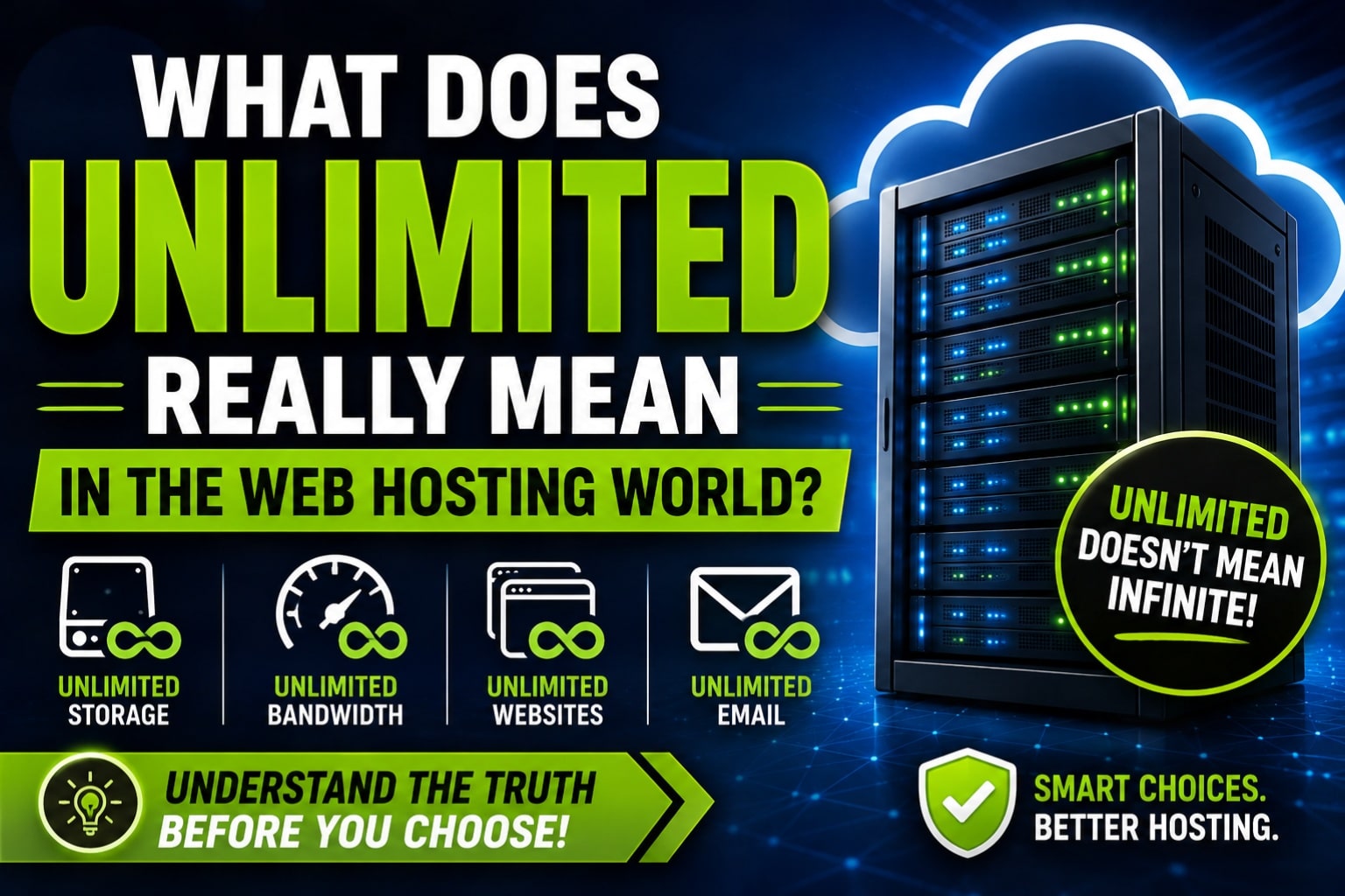 Unlimited web hosting reality check hostrite news An infographic titled what does unlimited really mean in the web hosting world Featuring a server rack and icons for storage bandwidth websites and email each paired with an infinity symbol and a warning that unlimited does not mean infinite