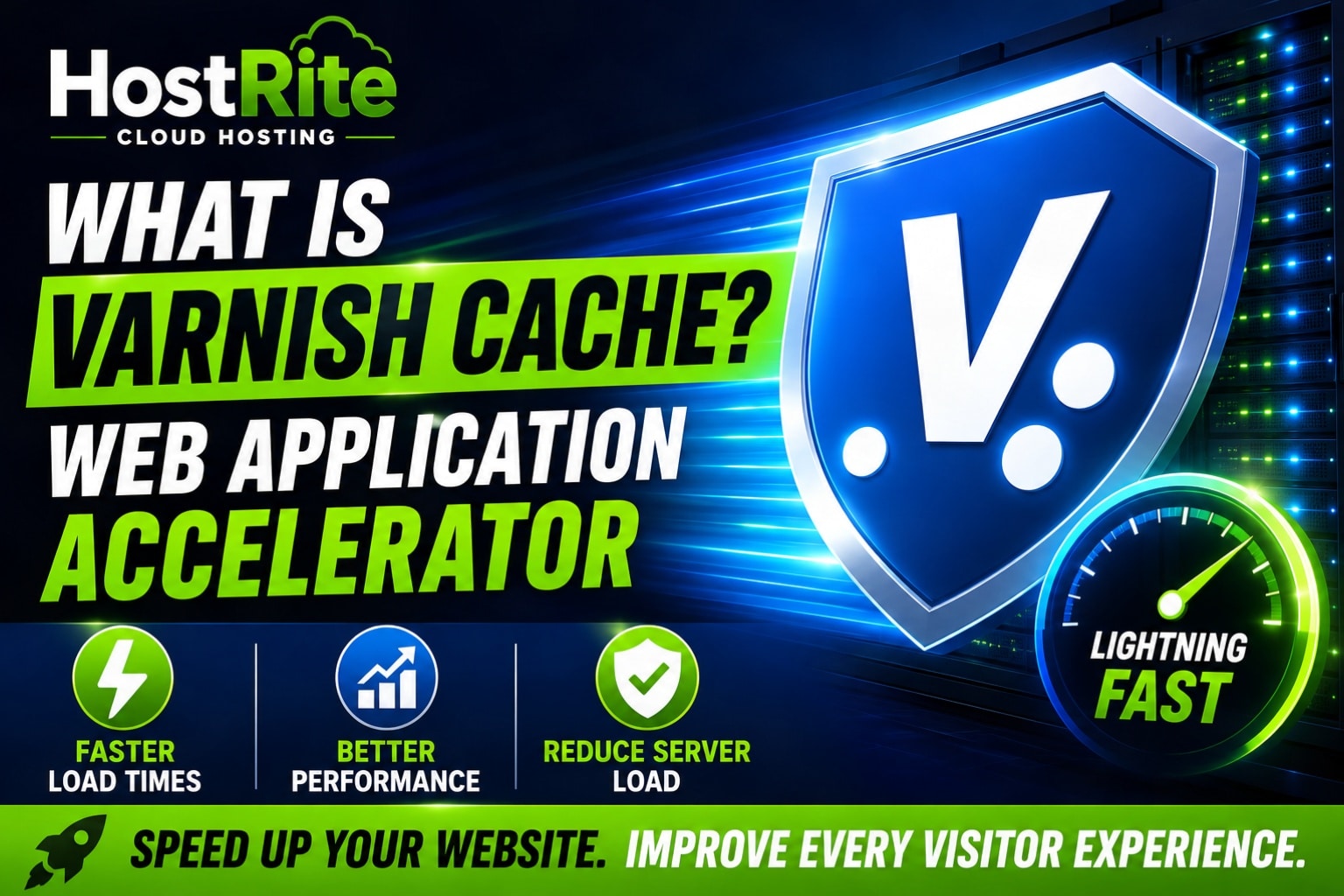 Varnish cache web acceleration infographic hostrite news An infographic titled what is varnish cache Web application accelerator featuring the varnish logo on a shield a speedometer indicating lightning fast speed and icons representing faster load times better performance and reduced server load