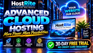 Advanced cloud hosting hostrite executive hosting with a 30day free trial hostrite news Promotional banner for hostrite advanced cloud hosting featuring neon text and a laptop displaying cloud imagery