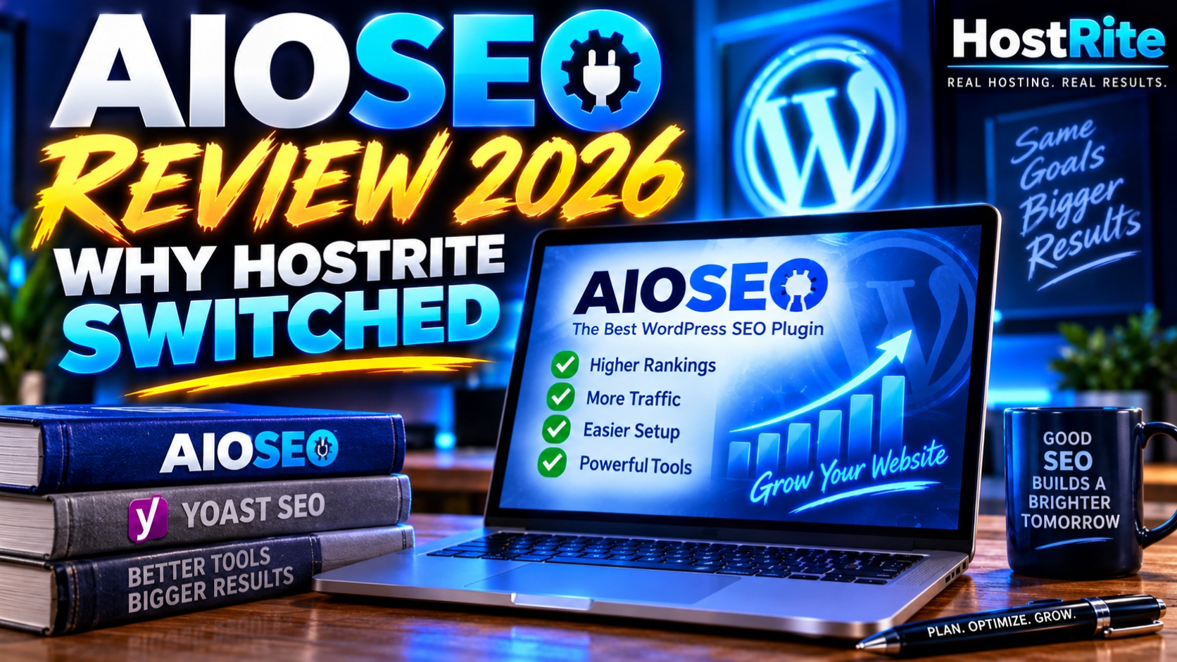 Aioseo review 2026 why hostrite switched from yoast hostrite news Banner promoting aioseo review 2026 with wordpress logo and a laptop showing growth chart and features touchpoints higher rankings more traffic