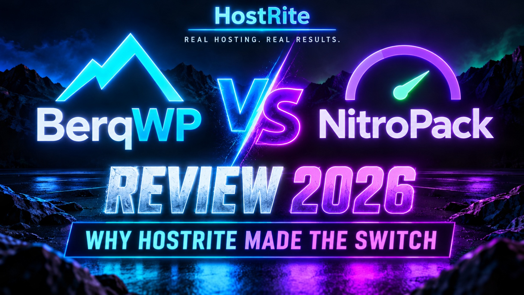 Berqwp vs nitropack review 2026 why hostrite made the switch hostrite news Neon style banner comparing berqwp and nitropack with review 2026 and why hostrite made the switch text