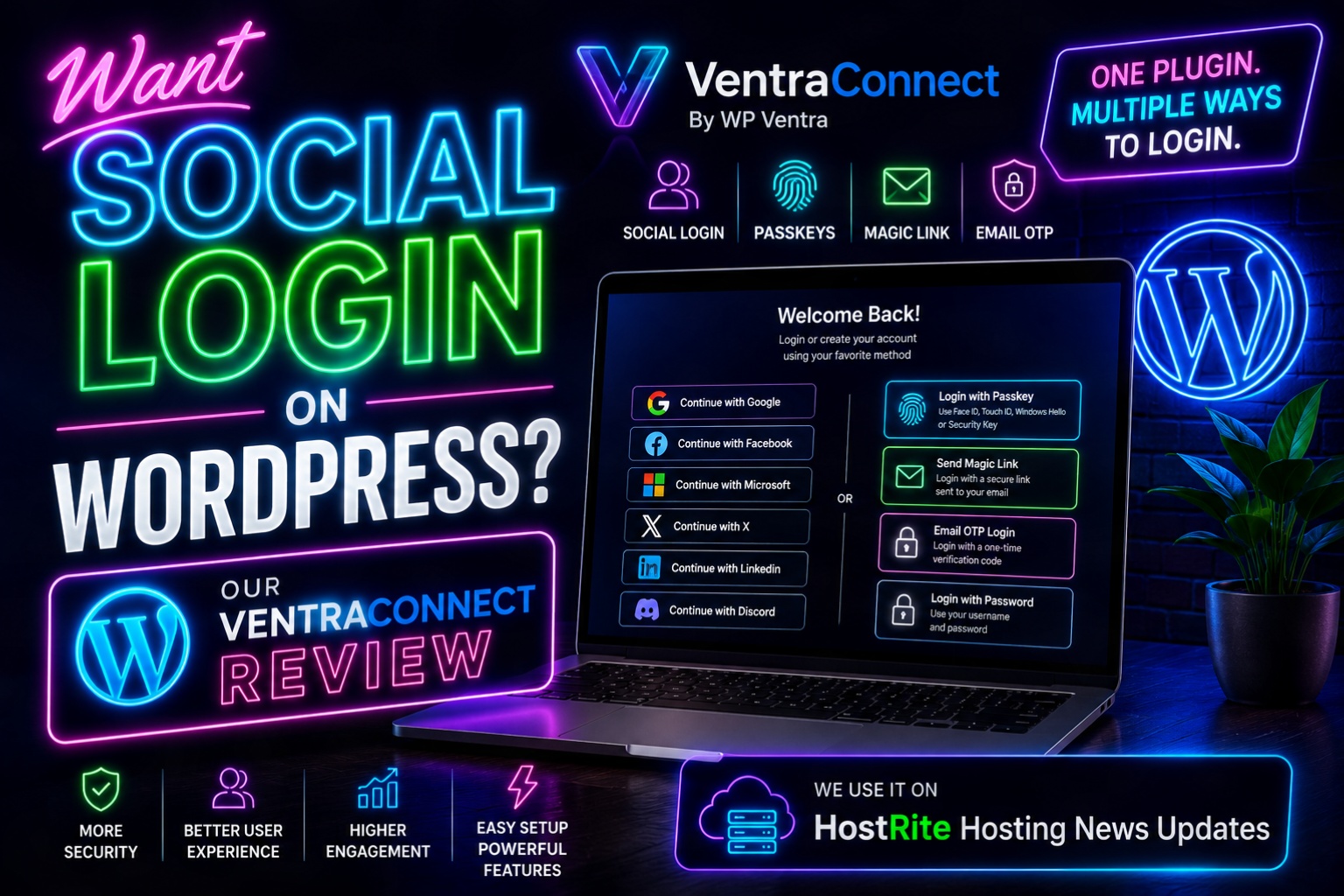 Ventraconnect wordpress social login review hostrite news Neon style banner advertising social login on wordpress with a laptop showing login options