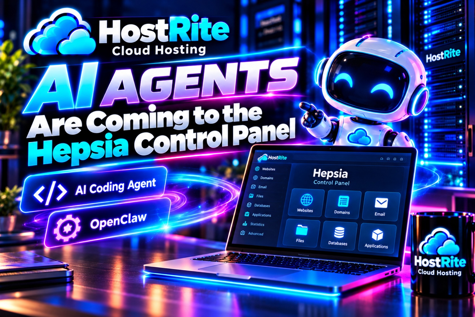 Gli agenti AI stanno arrivando nell'hosting cloud di Hostrite, pannello di controllo Hepsia, notizie da Hostrite PubblicitĆ al neon che mostra un robot blu e rosa accanto a un laptop con il banner di Hostrite Cloud Hosting e il titolo "Gli agenti AI stanno arrivando nei pannelli di controllo Hepsia". Utilizza un marchio e icone al neon brillanti per AI Coding Agent e OpenClaw.