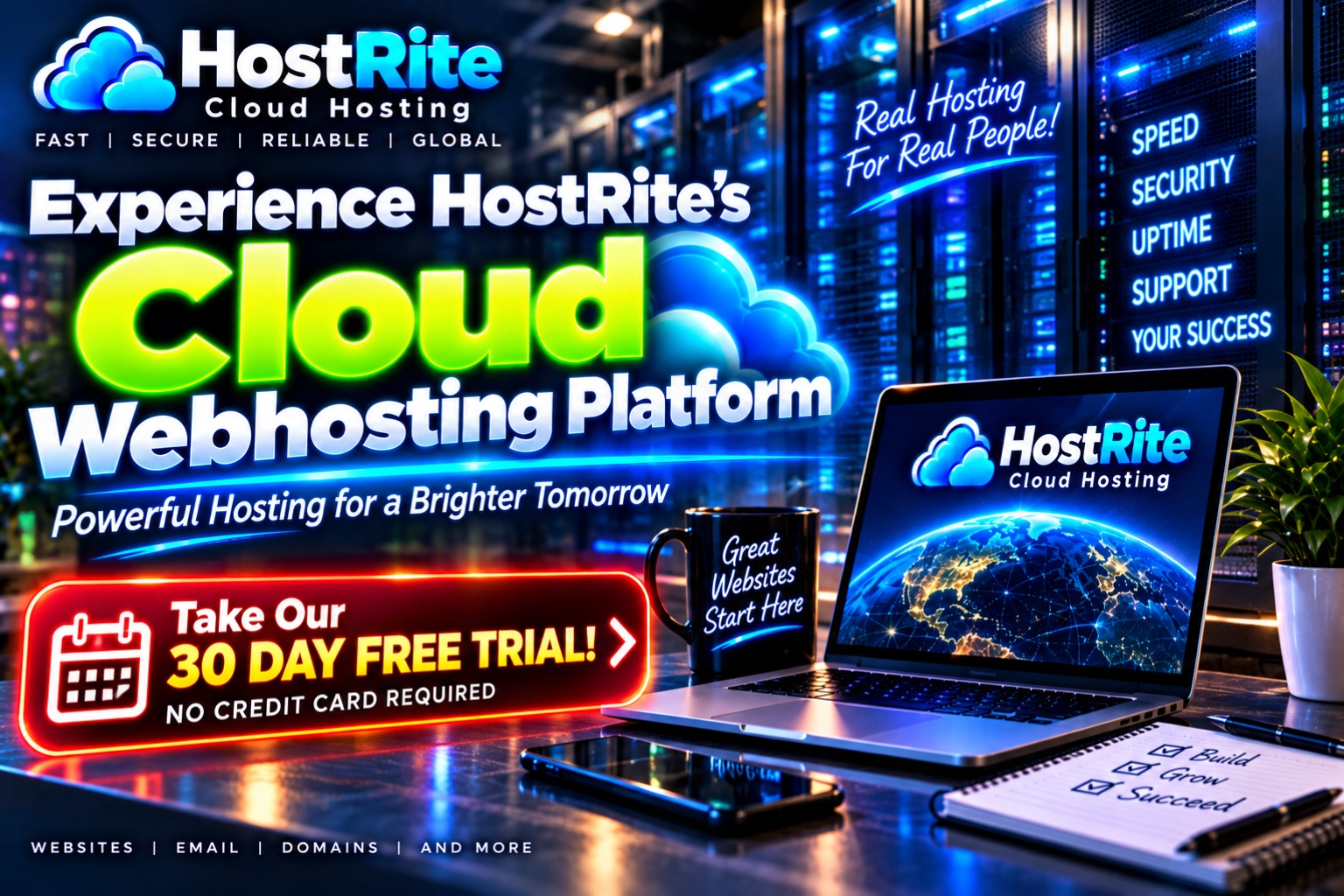 Scopri la piattaforma di web hosting cloud Hostrite. Notizie Hostrite. PubblicitĆ luminosa al neon per il servizio di cloud hosting Hostrite, con lo schermo di un laptop che mostra un globo e scritte in grassetto blu e verde.