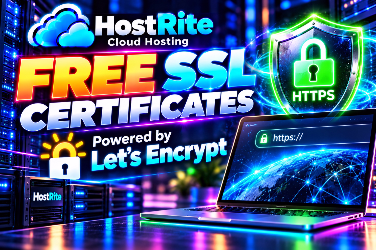 Hostrite Cloud Hosting offre certificati SSL gratuiti con Let's Encrypt (notizie da Hostrite) Banner luminoso per Hostrite Cloud Hosting che pubblicizza certificati SSL gratuiti con scudo HTTPS in colori neon.