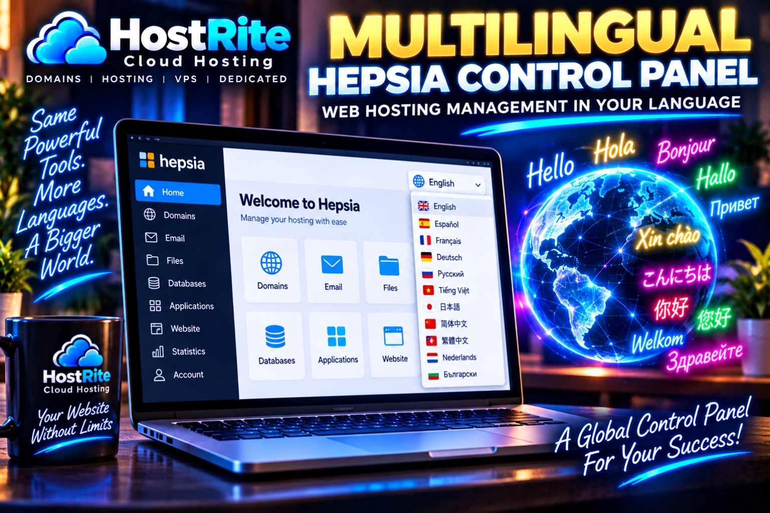 Hostrite web hosting nella tua lingua, notizie su Hostrite Lo schermo del laptop mostra la dashboard di hosting Hepsia con icone per domini, email, file e database; un globo al neon con le lingue brilla sulla destra e vistosi banner multilingue pubblicizzano un pannello di controllo multilingue e l'hosting globale.