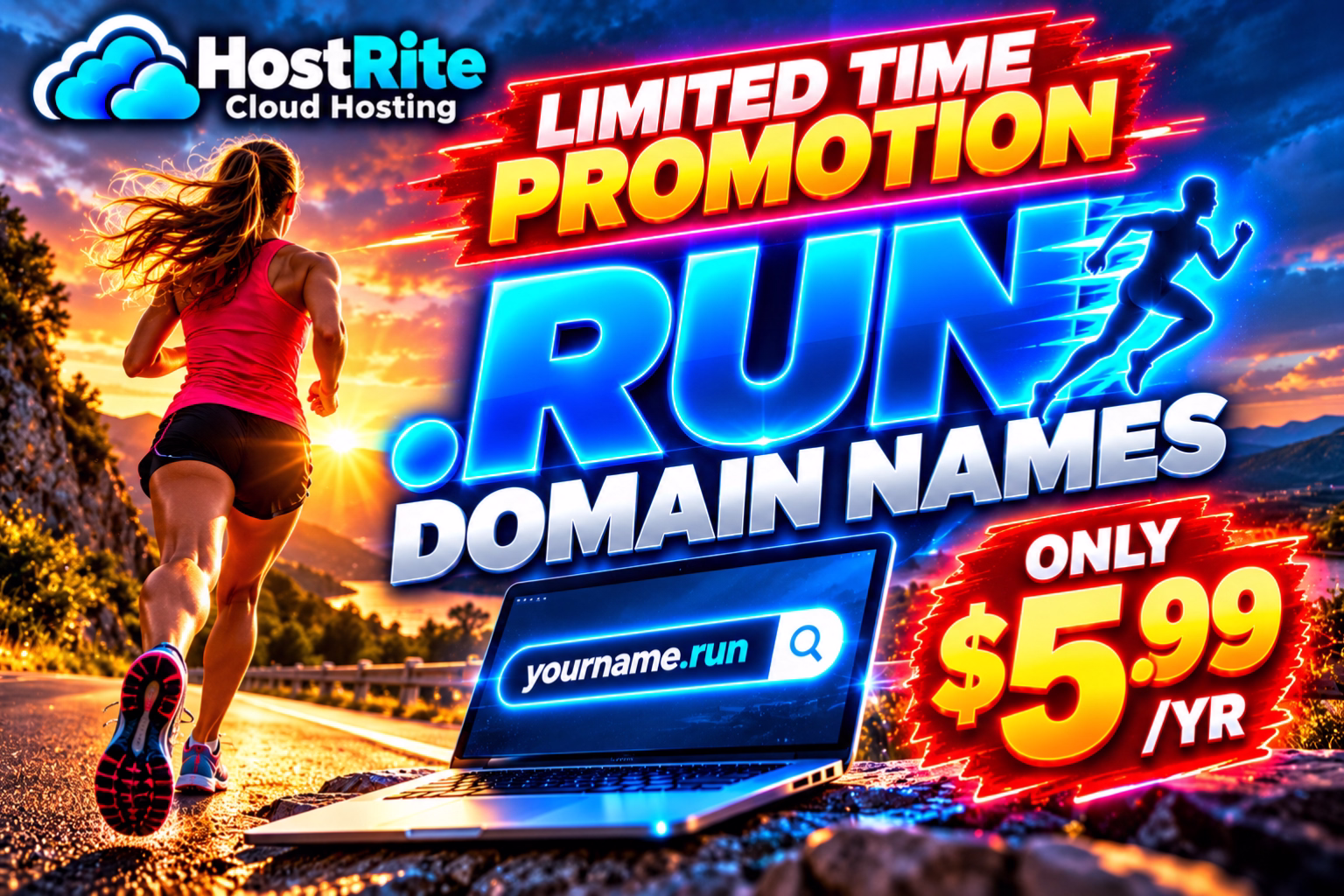 Promozione a tempo limitato sui domini run: registra un dominio run con Hostrite Cloud Hosting per 99. Notizie da Hostrite Banner promozionale luminoso con un corridore su una strada al tramonto, grande testo al neon con la scritta "corri" e offerta di $5,99 all'anno, laptop esposto a terra che mostra una ricerca di domini.