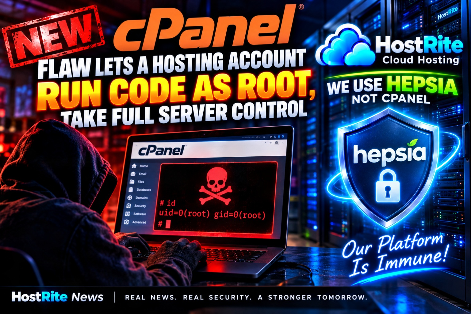 Una nuova vulnerabilitĆ di cPanel consente a un account di hosting di eseguire codice come root e assumere il pieno controllo del server (notizie da HostRite) Hacker incappucciato davanti a un laptop con schermo a forma di teschio rosso, titoli audaci pubblicizzano l'hosting di drammi, codice eseguito come root con i loghi di cPanel, Hepsia e Hostrite sullo sfondo.