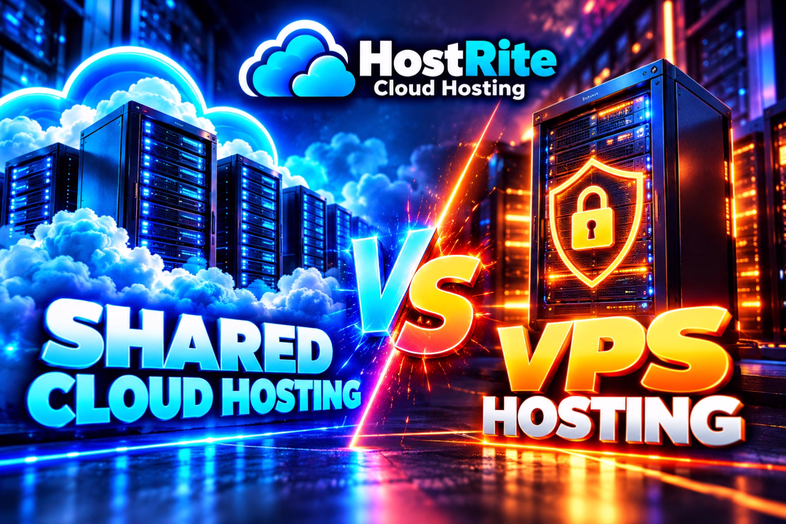 Hosting cloud condiviso vs hosting VPS: qual ĆØ la differenza? Notizie da Hostrite Grafico che confronta le opzioni di hosting: hosting cloud condiviso vs hosting VPS, con il logo di Hostrite Cloud Hosting in neon su uno sfondo pieno di server.