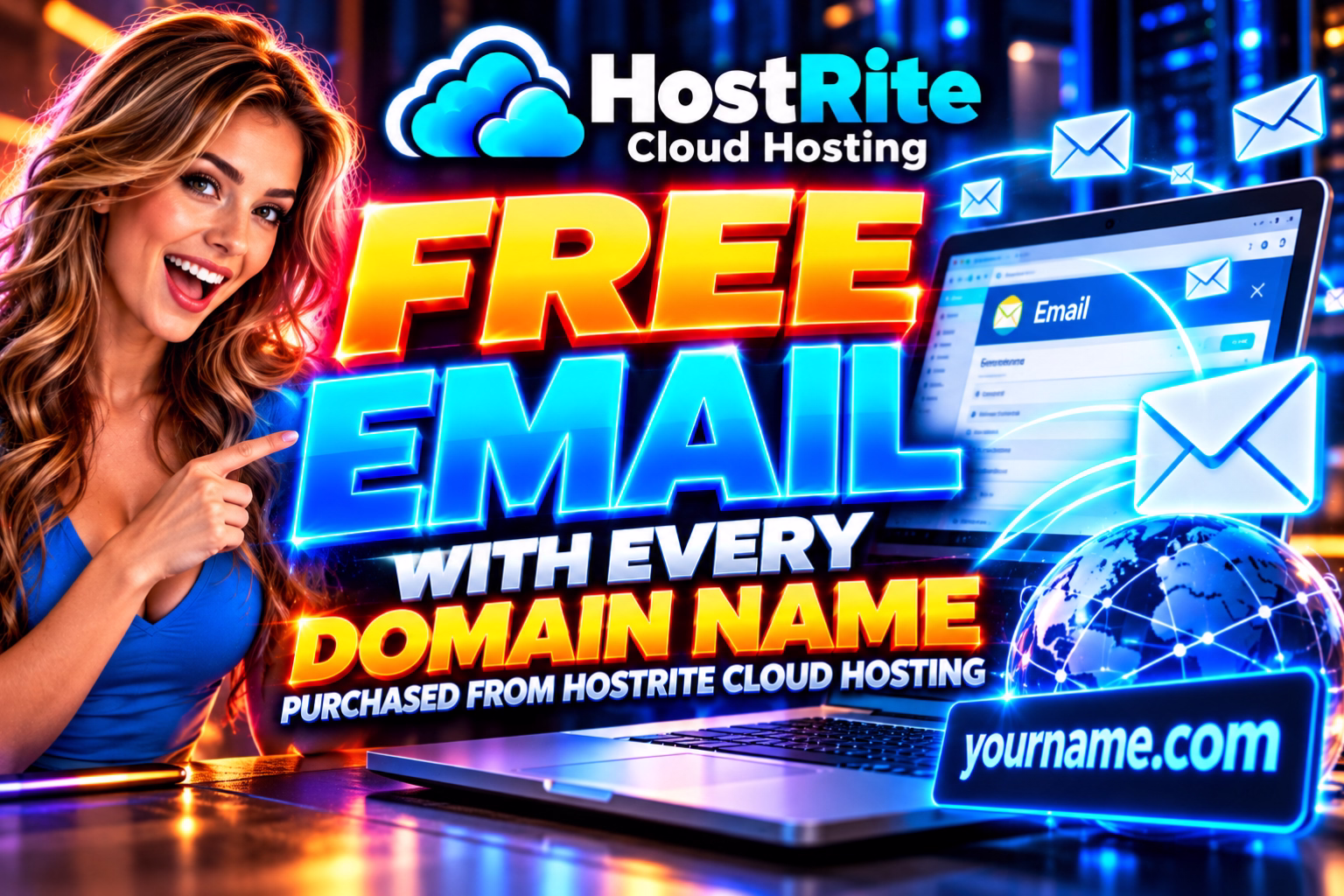 Email gratuita con ogni nome di dominio acquistato da Hostrite Cloud Hostrite News Banner promozionale per Hostrite Cloud Hosting che offre email gratuite con ogni nome di dominio. Una donna sorridente indica il testo su uno sfondo in stile neon.