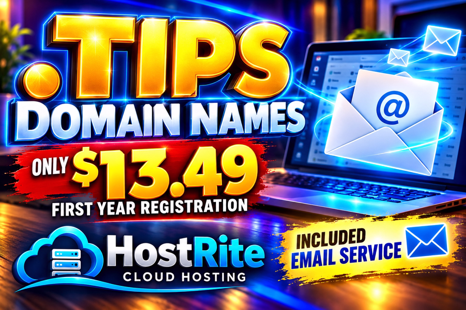 Offerta di dominio Hostrite con servizio email e hosting cloud. Notizie Hostrite. Grafica promozionale accattivante che mostra i nomi di dominio a $13,49 per il primo anno di hosting cloud Hostrite e servizio email incluso.