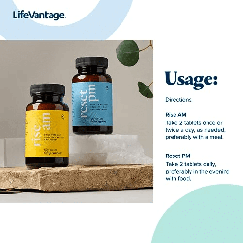 Lifevantage Rise Am &Amp; Reset Pm System - Combinação de Rise Am &Amp; Reset Pm System, um suplemento multivitamínico para homens e mulheres que fornece vitaminas, minerais e adaptógenos 4 LifeVantage Rise AM Reset PM System Combinação de Rise AM Reset PM System um suplemento multivitamínico para homens e mulheres que fornece vitaminas, minerais e adaptogénios 4