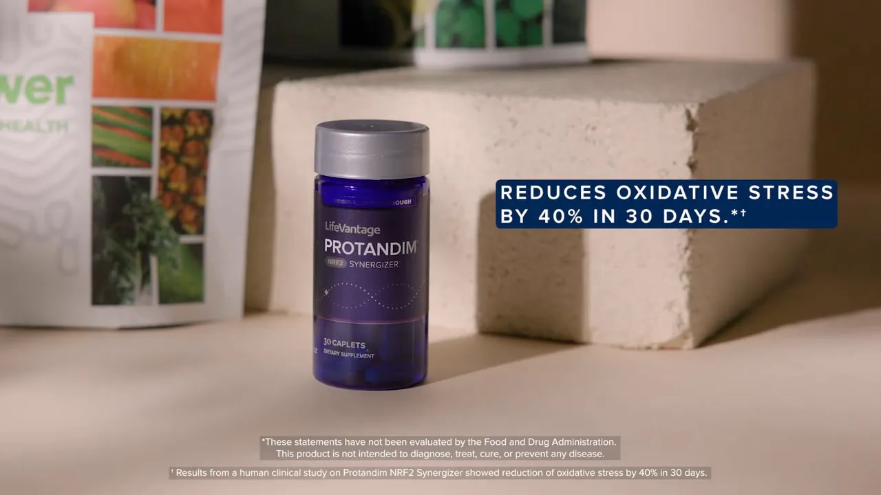 Boost Microbiome Gut Health With Lovebiome P84 &Amp; Protandim 1 Bottle of LifeVantage Protandim NRF2 Synergizer on a table with a callout reading 'Reduces oxidative stress by 40% in 30 days.'