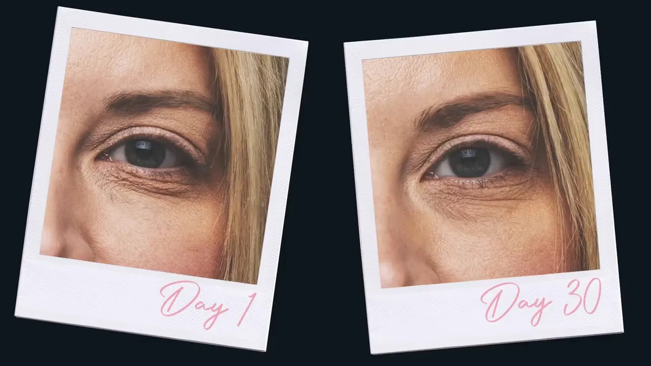 Activate Skin Collagen With Truescience Liquid Collagen 3 Side-by-side polaroid-style close-ups of the same eye labeled 'Day 1' and 'Day 30' showing a reduction in fine lines.