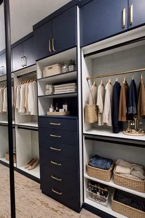 white closet with navy accents