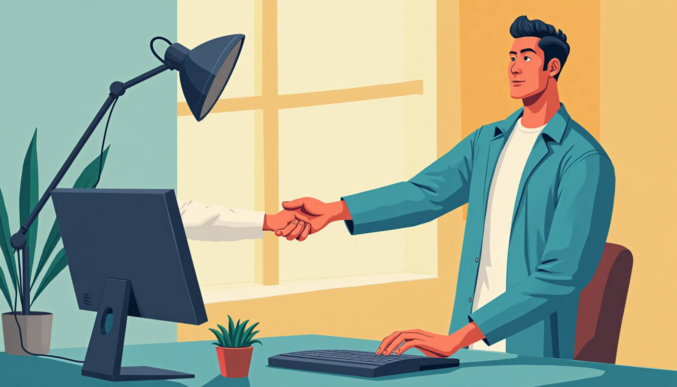 SEO Content Writing Explained: How It Drives Traffic, Rankings, and Growth 5 Guy shaking hands with a hand coming out from a monitor. Image Description: Crafting Content That Are Relevant To Your Brand And Market | Outrank Strategy