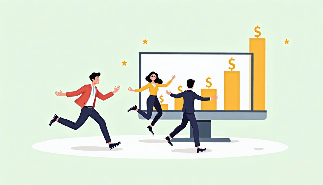 SEO Content Writing Explained: How It Drives Traffic, Rankings, and Growth 7 Three people jumping and a monitor showing good profit and dollar signs. Image Description: SEO Success | Outrank Strategy
