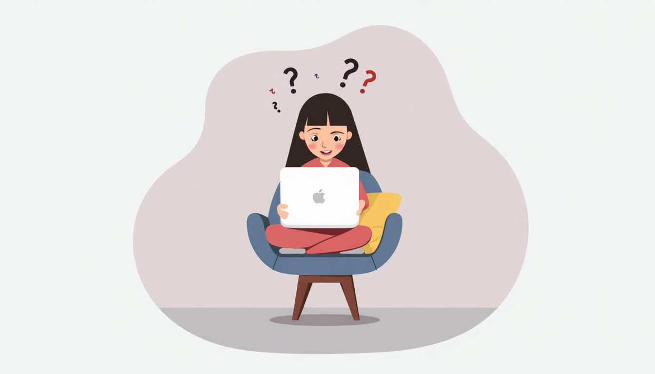 SEO Content Writing Explained: How It Drives Traffic, Rankings, and Growth 2 Girl sitting on a chair using a laptop with question marks on her head. Image Description: Strong SEO Articles | Outrank Strategy