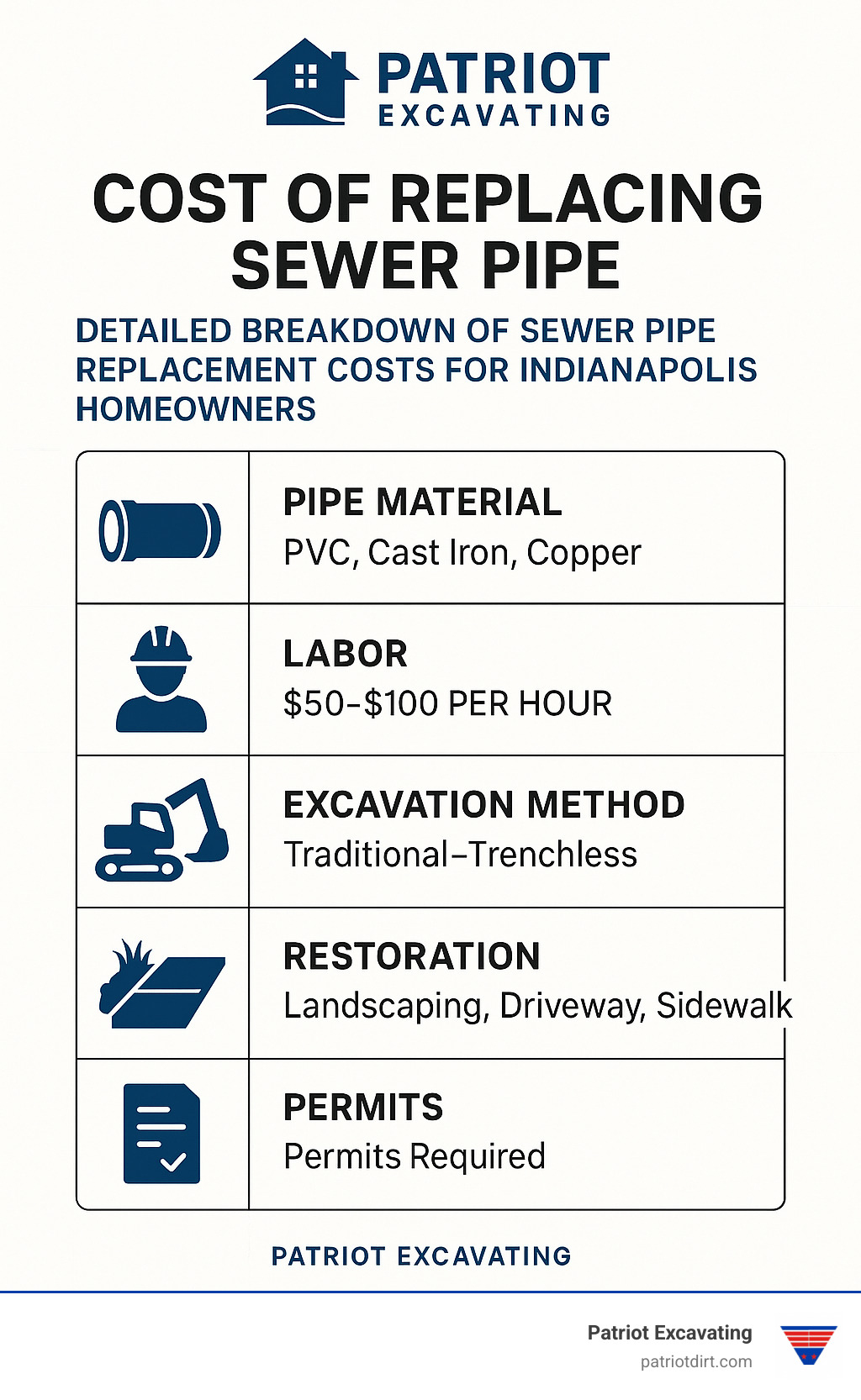 Detailed breakdown of sewer pipe replacement costs showing pipe materials, labor rates, excavation methods, restoration expenses, and permit requirements for Indianapolis homeowners, with cost ranges rather than specific pricing - cost of replacing sewer pipe infographic Detailed breakdown of sewer pipe replacement costs showing pipe materials, labor rates, excavation methods, restoration expenses, and permit requirements for Indianapolis homeowners, with cost ranges rather than specific pricing - cost of replacing sewer pipe infographic