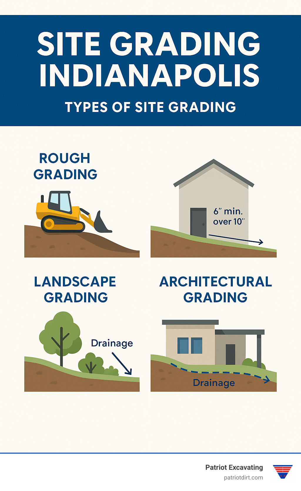 Comprehensive diagram showing types of site grading including rough grading, finish grading, landscape grading, and architectural grading with proper slopes and drainage patterns for Indianapolis soil conditions - Site Grading Indianapolis infographic Comprehensive diagram showing types of site grading including rough grading, finish grading, landscape grading, and architectural grading with proper slopes and drainage patterns for Indianapolis soil conditions - Site Grading Indianapolis infographic