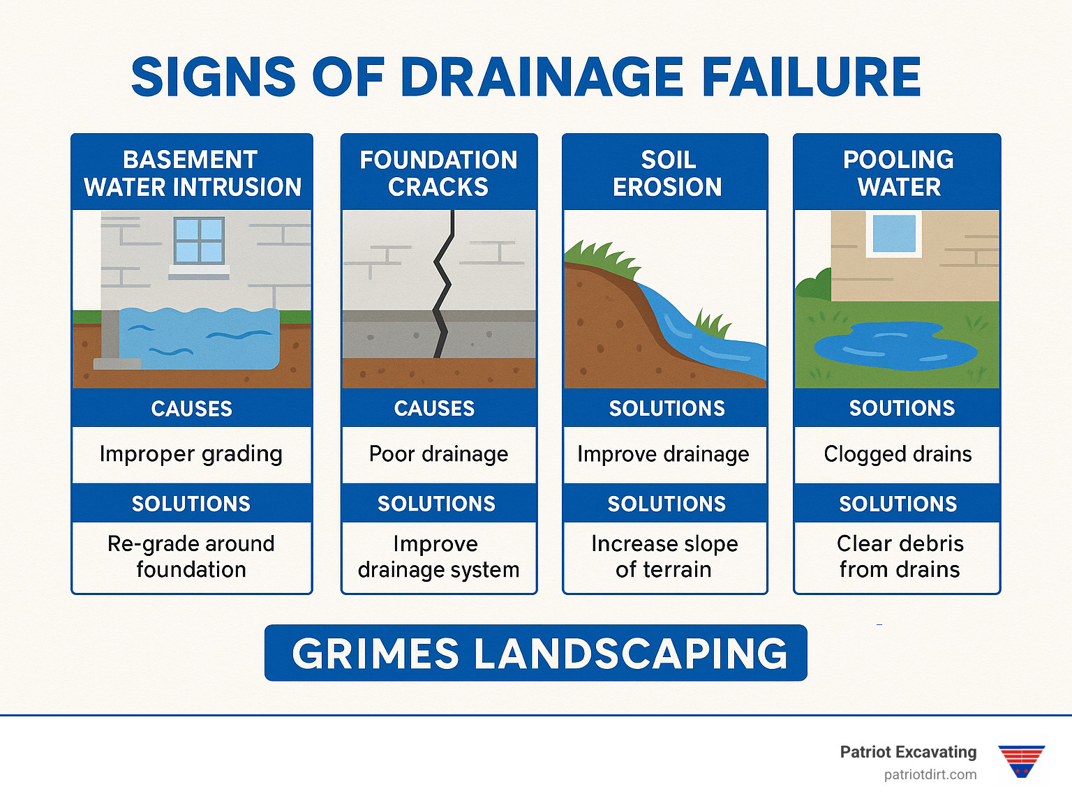 Diagram showing signs of drainage failure including basement water intrusion, foundation cracks, soil erosion, and pooling water with causes and solutions - Site Grading Indianapolis infographic Diagram showing signs of drainage failure including basement water intrusion, foundation cracks, soil erosion, and pooling water with causes and solutions - Site Grading Indianapolis infographic