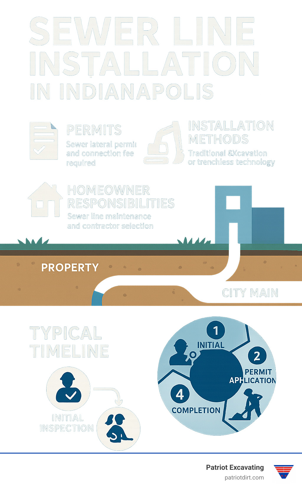 Detailed infographic showing the sewer line installation process in Indianapolis, including permit requirements, installation methods, homeowner responsibilities, and typical timeline from initial inspection to completion - sewer line installation in indianapolis infographic Detailed infographic showing the sewer line installation process in Indianapolis, including permit requirements, installation methods, homeowner responsibilities, and typical timeline from initial inspection to completion - sewer line installation in indianapolis infographic