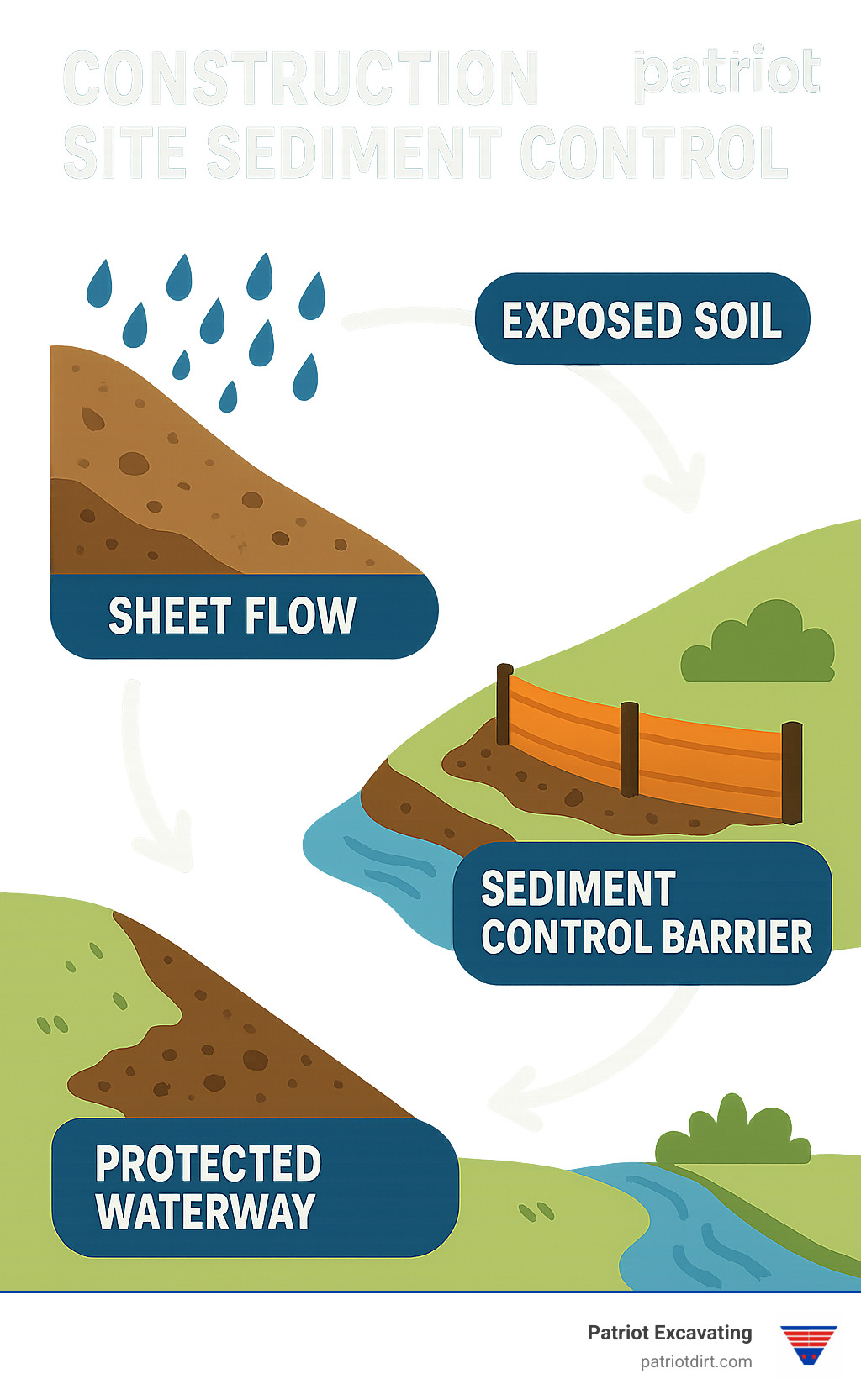 Diagram showing the cycle of sediment movement: raindrops hitting exposed soil, sheet flow carrying particles downslope, sediment control barriers capturing material, and protected waterways downstream - Construction site sediment control infographic Diagram showing the cycle of sediment movement: raindrops hitting exposed soil, sheet flow carrying particles downslope, sediment control barriers capturing material, and protected waterways downstream - Construction site sediment control infographic