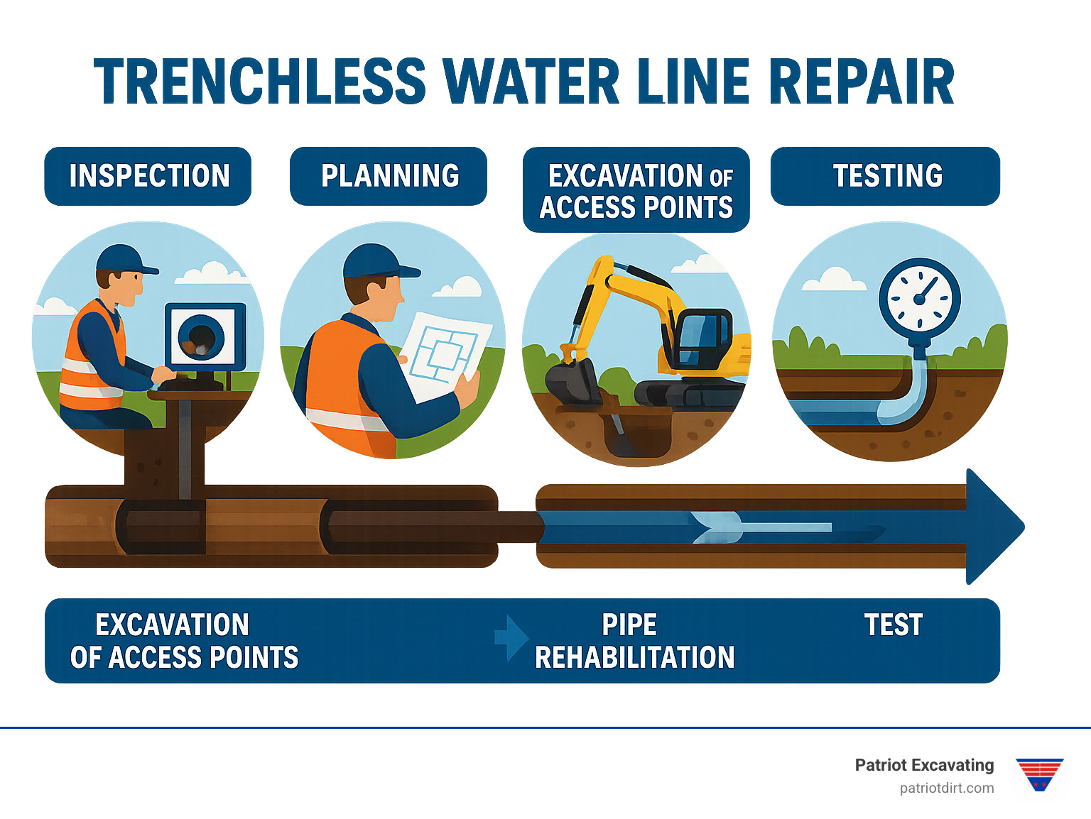 Detailed workflow of trenchless water line repair process showing inspection, planning, excavation of access points, pipe rehabilitation, and testing phases - trenchless water line repair infographic Detailed workflow of trenchless water line repair process showing inspection, planning, excavation of access points, pipe rehabilitation, and testing phases - trenchless water line repair infographic