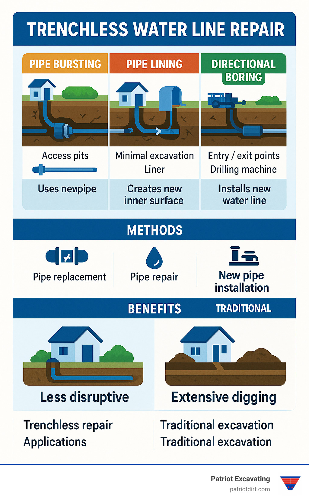 Comparison of trenchless water line repair methods showing pipe bursting, pipe lining, and directional boring techniques with their applications, equipment needed, and benefits compared to traditional excavation - trenchless water line repair infographic Comparison of trenchless water line repair methods showing pipe bursting, pipe lining, and directional boring techniques with their applications, equipment needed, and benefits compared to traditional excavation - trenchless water line repair infographic
