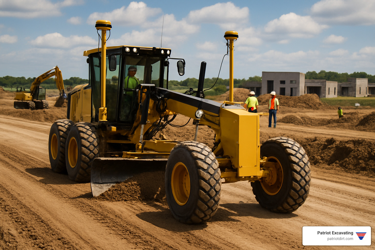 GPS-guided grader working on Indianapolis construction site - Grading contractors Indianapolis GPS-guided grader working on Indianapolis construction site - Grading contractors Indianapolis