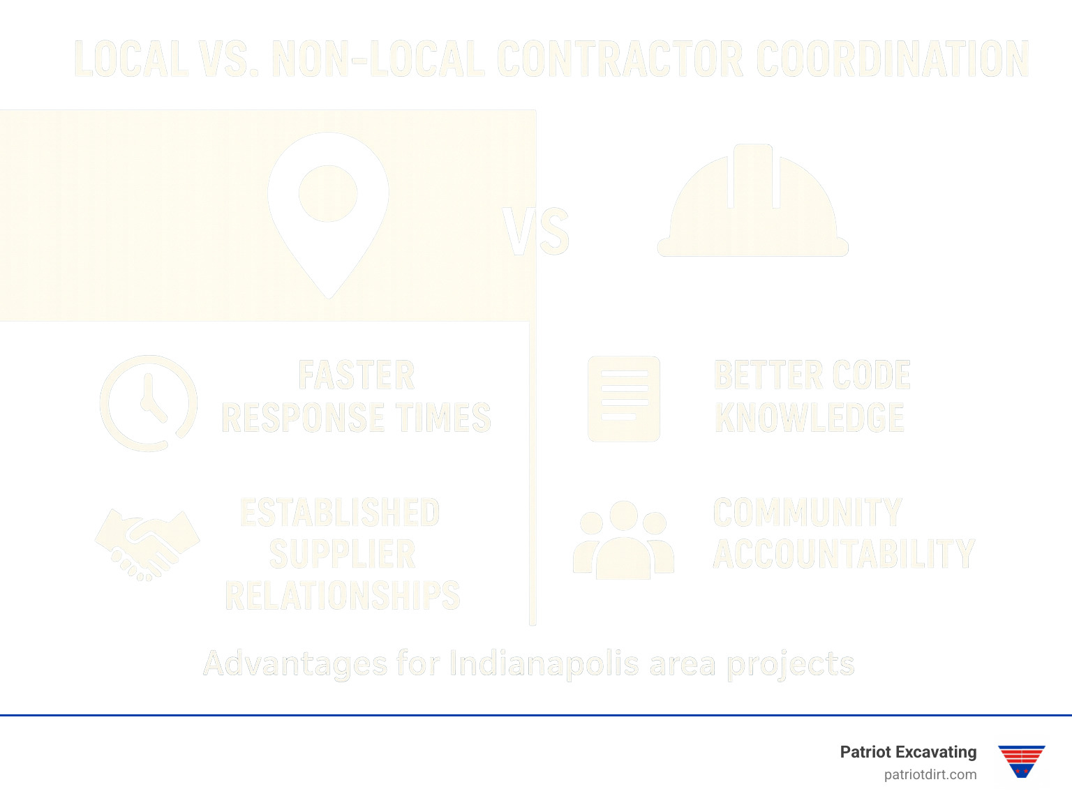 Infographic comparing local vs non-local contractor coordination showing faster response times, better code knowledge, established supplier relationships, and community accountability advantages for Indianapolis area projects - Grading contractors Indianapolis infographic Infographic comparing local vs non-local contractor coordination showing faster response times, better code knowledge, established supplier relationships, and community accountability advantages for Indianapolis area projects - Grading contractors Indianapolis infographic