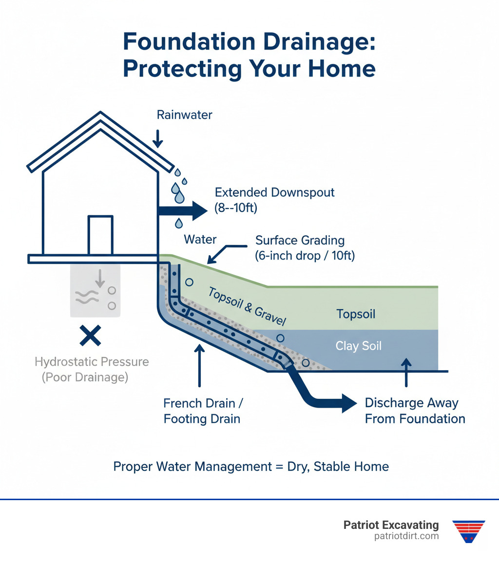 infographic showing water flow from roof through gutters, ground surface, and subsurface layers toward foundation, with arrows indicating proper drainage paths away from structure - drainage work around foundation infographic infographic showing water flow from roof through gutters, ground surface, and subsurface layers toward foundation, with arrows indicating proper drainage paths away from structure - drainage work around foundation infographic