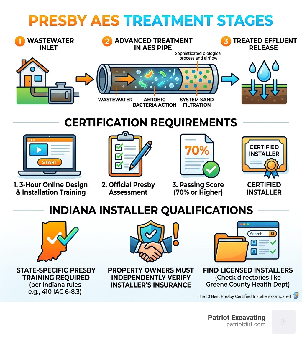 Infographic showing Presby AES treatment stages certification requirements and Indiana installer qualifications - Presby Infographic showing Presby AES treatment stages certification requirements and Indiana installer qualifications - Presby