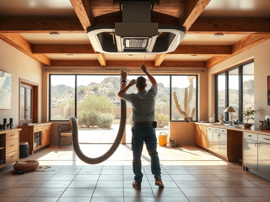 New River, AZ A professional performing air duct cleaning in a large custom ranch home near Daisy Mountain in New River, AZ