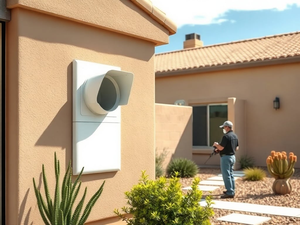 Queen Creek, AZ Technician inspecting a dryer vent for lint buildup on a home near Schnepf Farms in Queen Creek AZ as part of a dryer vent cleaning service