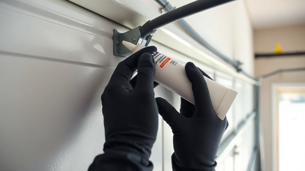 Garage Door Inspection Checklist: Key Checks That Protect Long-Term Performance — Red Crest Garage Doors Technician lubricating the rollers and hinges on a residential garage door as part of a routine garage door safety maintenance checklist