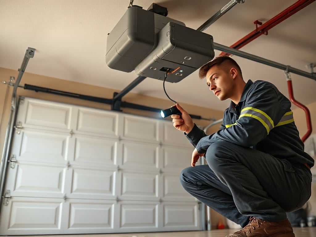 Warning Signs Your Garage Door Makes a Loud Snapping Noise Before It Fails Completely A technician performing a garage door opener repair inspection on the motor unit inside a clean residential garage in the Phoenix metro area