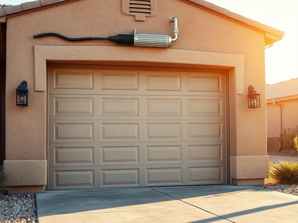 This Happens When Your Garage Door Gets Stuck Halfway — And Why It's a Serious Issue Close-up of a torsion spring on a halfway-open garage door, the type of component that triggers the need for garage door repair scottsdale when it fails