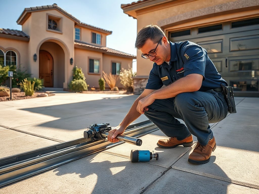 The Real Reason Your Garage Door Gets Stuck Halfway — And How to Stop It A garage door technician inspecting rollers and a track during a garage door repair near me visit at a home in the Scottsdale area