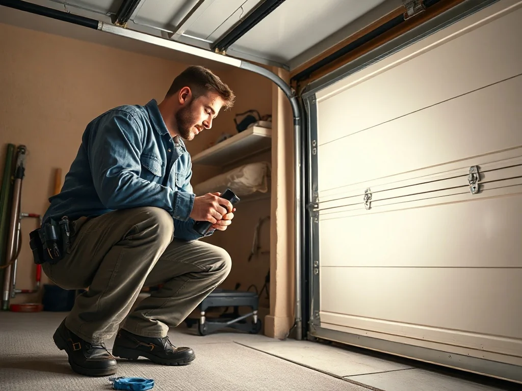 Here's Why Your Garage Door Moves Unevenly — and What Happens If You Ignore It Technician closely inspecting torsion spring and track hardware during a garage door opener repair visit at a residential home in