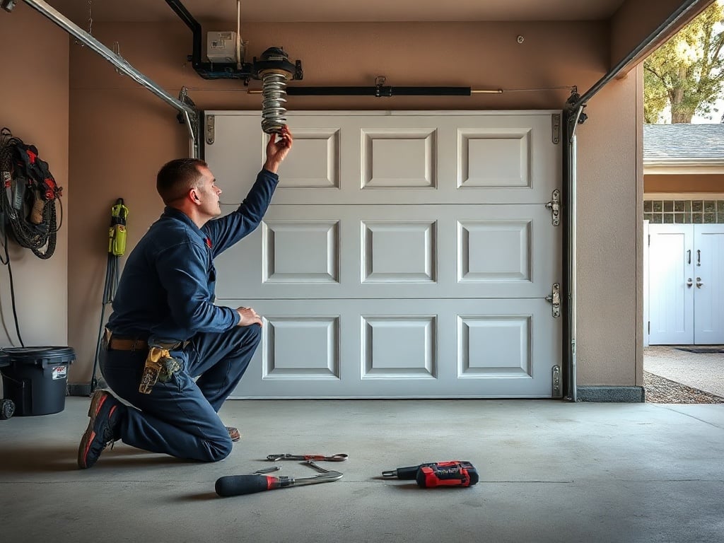 When Your Garage Door Opens Then Reverses: Don't Ignore What It's Telling You A garage door technician performing garage door spring repair by inspecting torsion springs and cables on a white raised-panel residential garage door