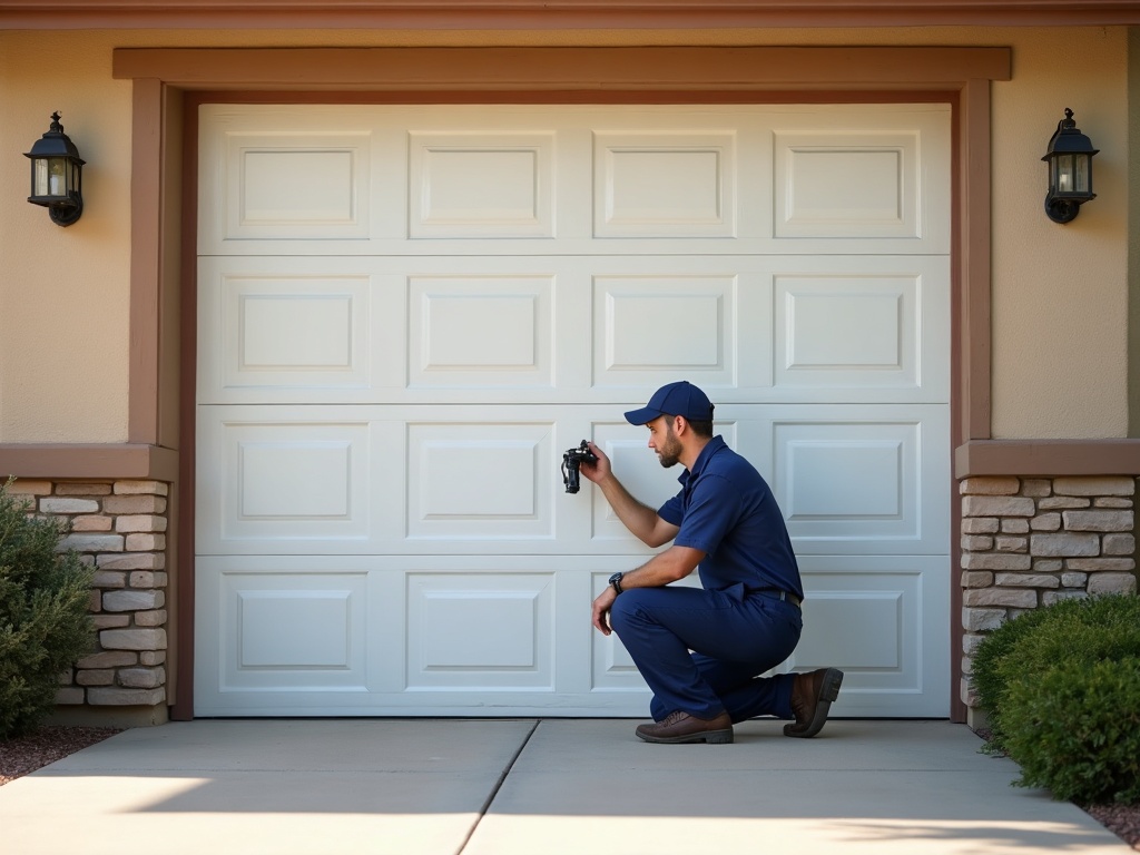 That Loud Snap From Your Garage Door Is Trying to Tell You Something Technician performing garage door spring repair on a white residential garage door inside a clean Arizona suburban garage