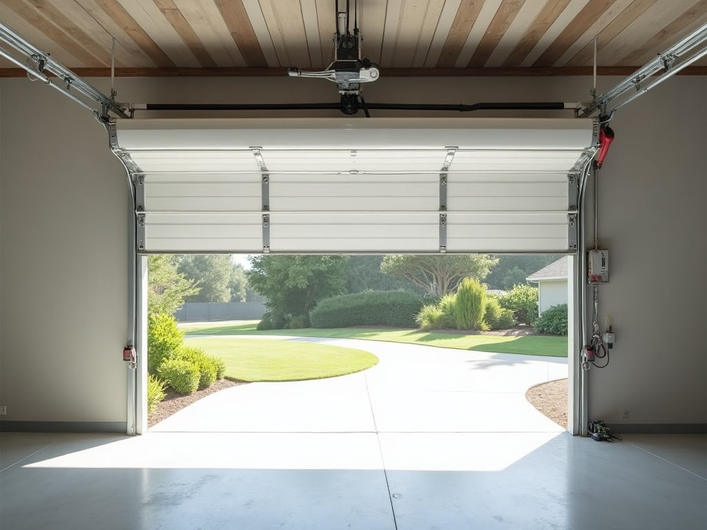 What It Means When Your Garage Door Moves Unevenly — And When to Call a Pro Close-up of a garage door spring repair component — the torsion spring bar and cable drum — mounted above a white residential garage door in a Phoenix home