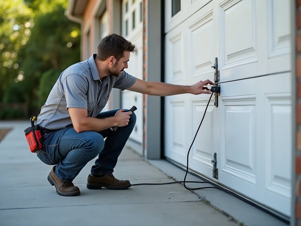 What It Means When Your Garage Door Moves Unevenly — And When to Call a Pro A technician performing a garage door spring repair inspection on the cable bracket and roller of a white residential garage door inside a clean Phoenix area garage