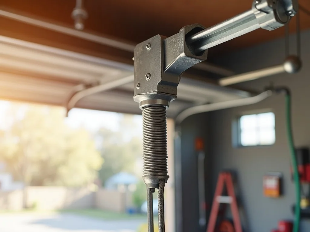 What It Means When Your Garage Door Slams Shut — And Why You Should Fix It Before It Gets Worse Close-up of a garage door spring and cable drum assembly during a garage door maintenance near me service call, warm Arizona sunlight illuminating the hardware detail