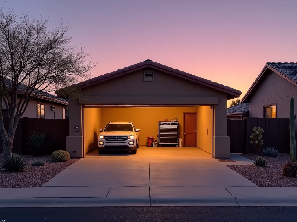 If Your Garage Door Won't Close at Night, It's Already Costing You More Than You Think A residential garage door stuck open at dusk in the Phoenix metro area, illustrating the urgent need for same day garage door repair before nightfall.