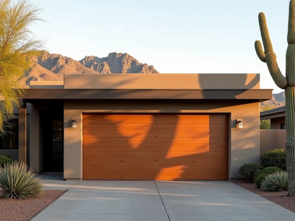 Paradise Valley, AZ A garage door repair technician's completed work on a custom garage door at a luxury home near Clearwater Hills in Paradise Valley, AZ