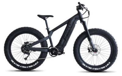 Hunter 2.0 Matte black electric fat-tire bicycle, thick knobby tires, side view on white background.