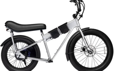 JackRabbit MG Doble Silver Jack electric bike with fat black tires and a long, cushioned black seat.